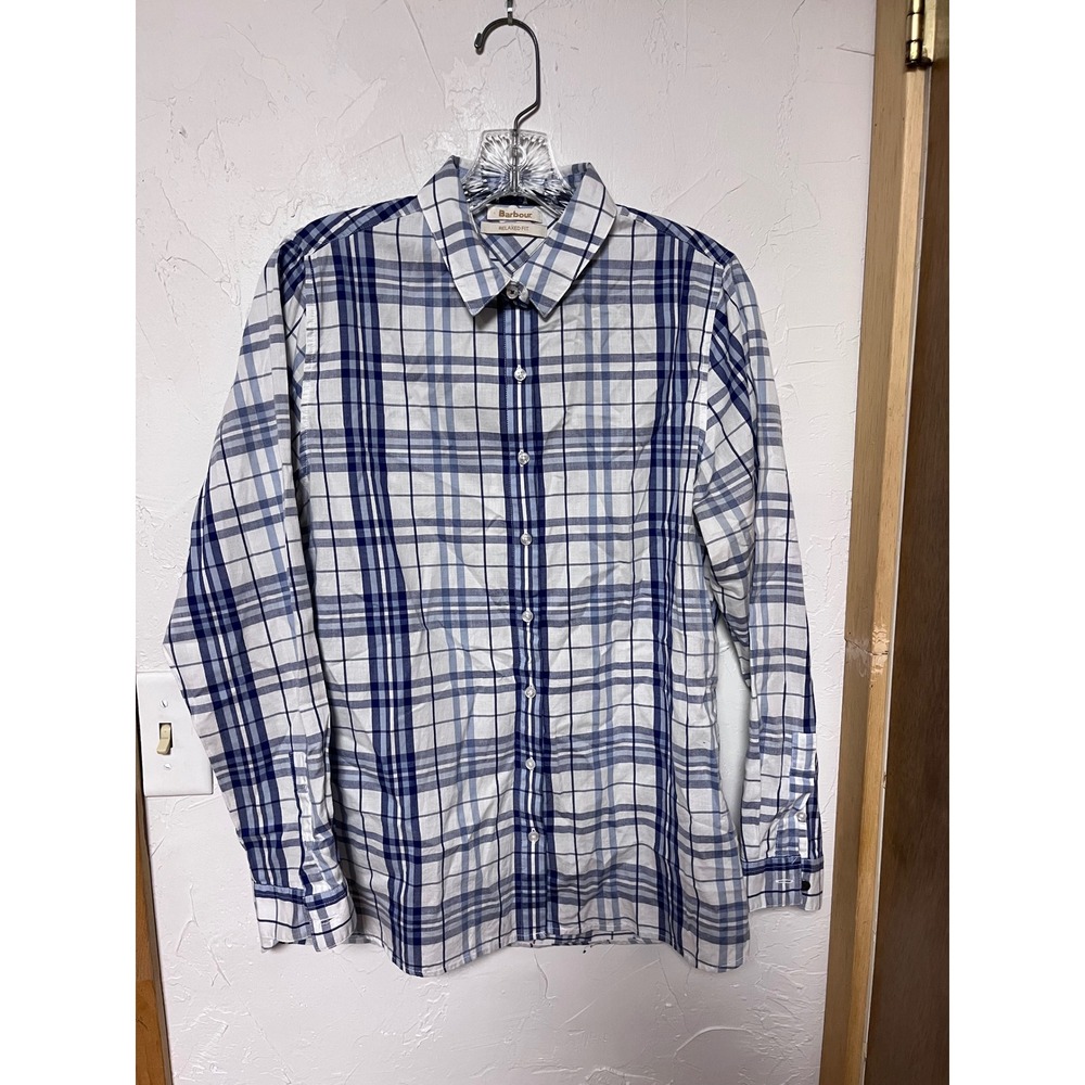 Barbour Mens Relaxed Fit Plaid Long Sleeve Button Down Shirt Blue White‎ Size L